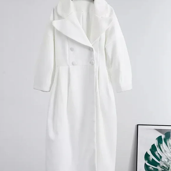 Coat white runway fashion button V-neck long puff lantern sleeve womens - Picture 9 of 9